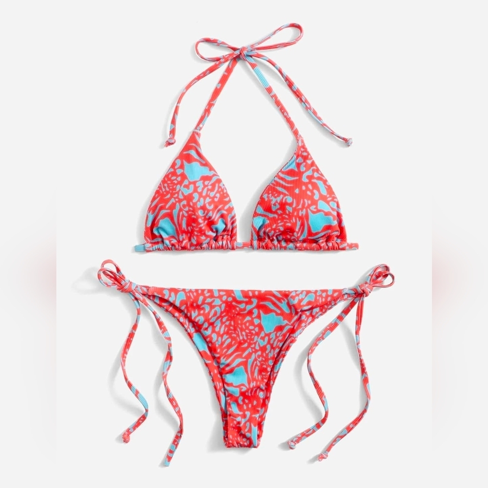 Vibrant Red & Blue Abstract Print Halter Bikini Set - Size Medium - Picture 12 of 13